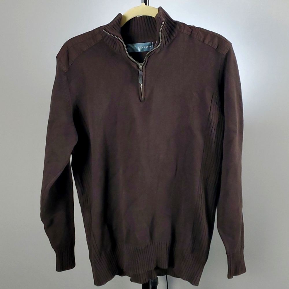 Oscar de la Renta Vintage Men's Dark Brown Quarter Zip Sweater, Size M